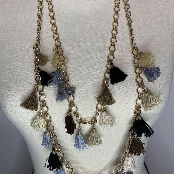 Tasseled Long Double Strand Necklace Gold Chain - Picture 2 of 5